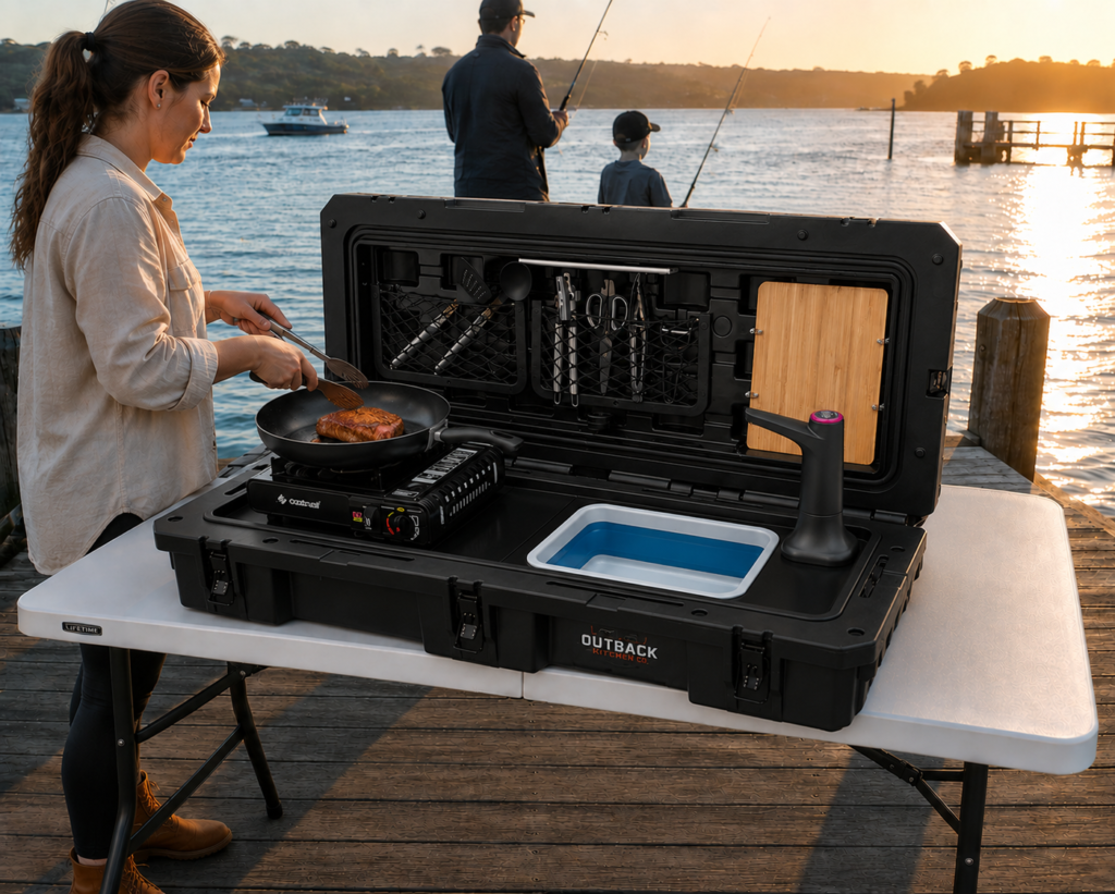 Camping kitchen storage solution for organised outdoor cooking gear