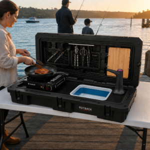 Camping kitchen storage solution for organised outdoor cooking gear