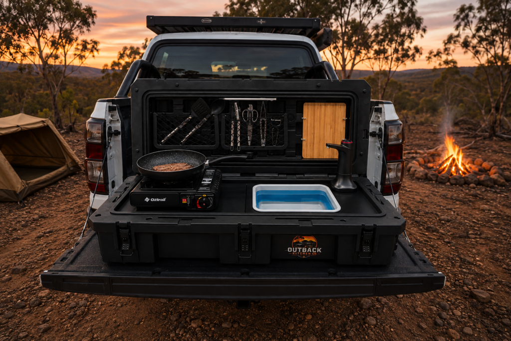 Outdoor kitchen camping setup with practical cooking and storage space