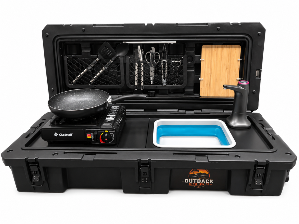 Portable camping kitchen designed for convenient outdoor cooking