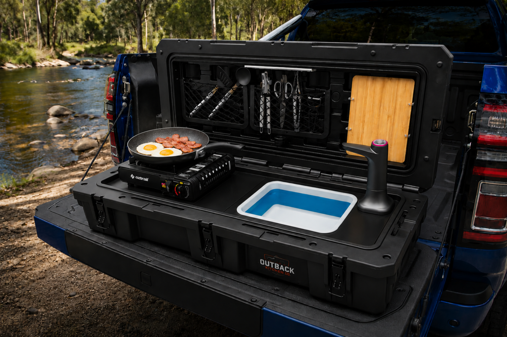 Portable outdoor cooking station for camping and touring trips